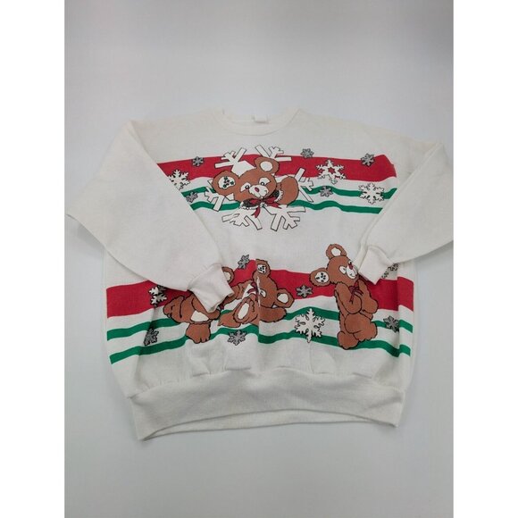 90s Vintage Sweater One Size White Teddy Bear Holiday - Picture 3 of 9